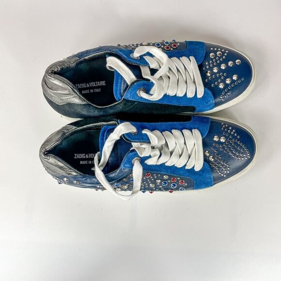 Zadig and Voltaire Tricolor Studded Leather and Suede Jungle Clous Sneakers Size - Picture 3 of 12